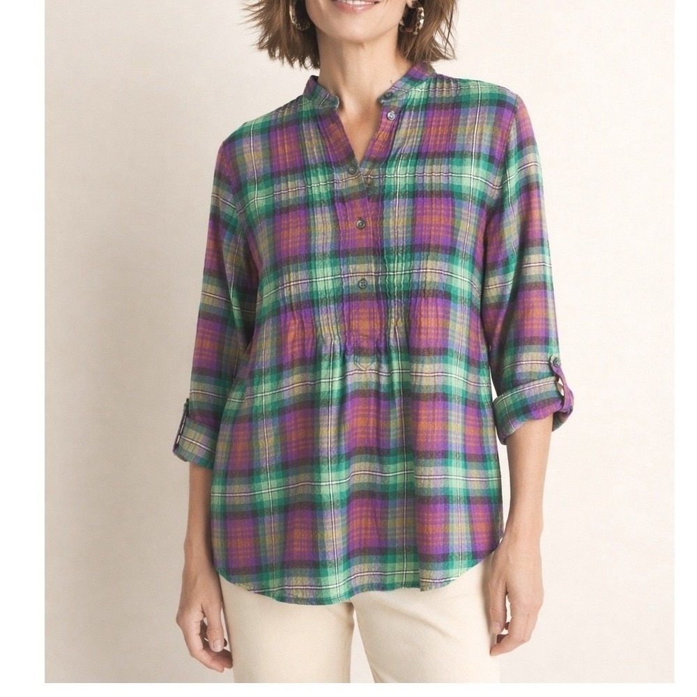 Lands End Flannel‎ Popover Pintucked Shirt Womens 6 Purple Green Plaid Cotton